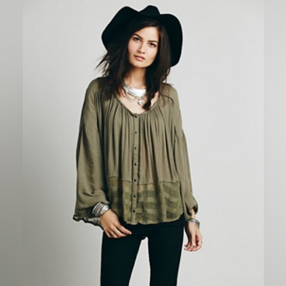 Free People Moss Olive Green Swing Boho Peasant Top Relaxed Fit Size Small - Picture 1 of 14